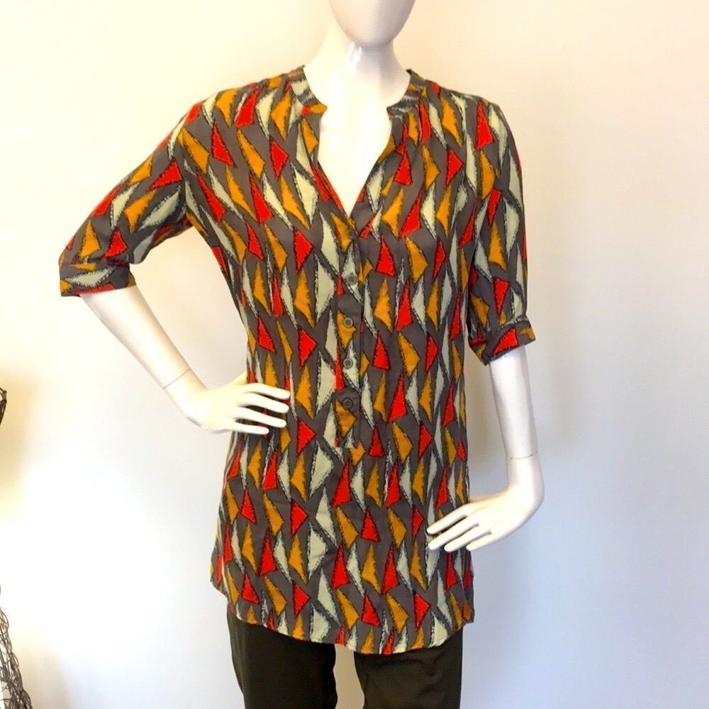 TUCKER Silk Geometric Print Tunic Fall Gray Orange